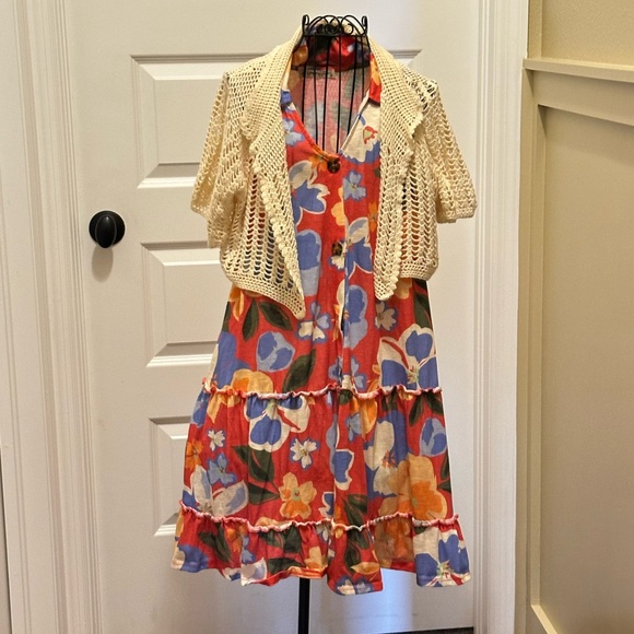 Vibrant Floral Mini Dress with Cream Cardigan - Picture 2 of 5